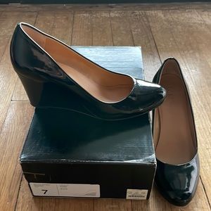 J. Crew black patent leather wedge heels size 7